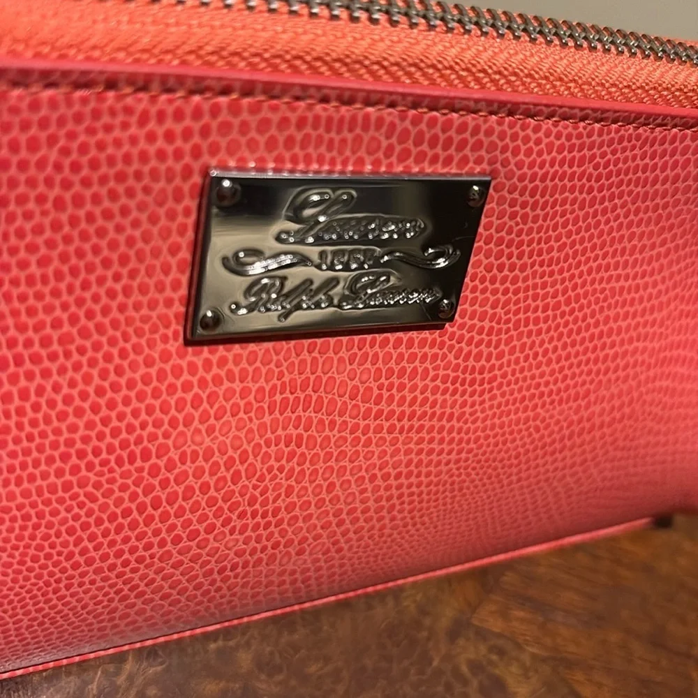 Ralph Lauren   Cosmetic case  Make up bag  triangular  leather coral orange NWOT